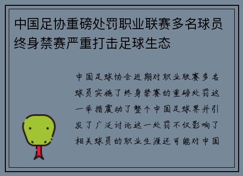 中国足协重磅处罚职业联赛多名球员终身禁赛严重打击足球生态 中国足协重磅处罚职业联赛多名球员终身禁赛严重打击足球生态